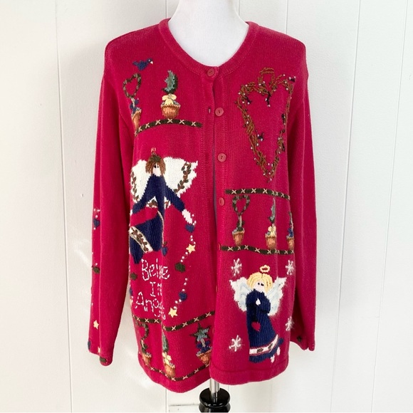 Quacker Factory Cardigan Sweater Angel Knit Sweater Red Sz L Grandmacore Festive - Picture 1 of 16